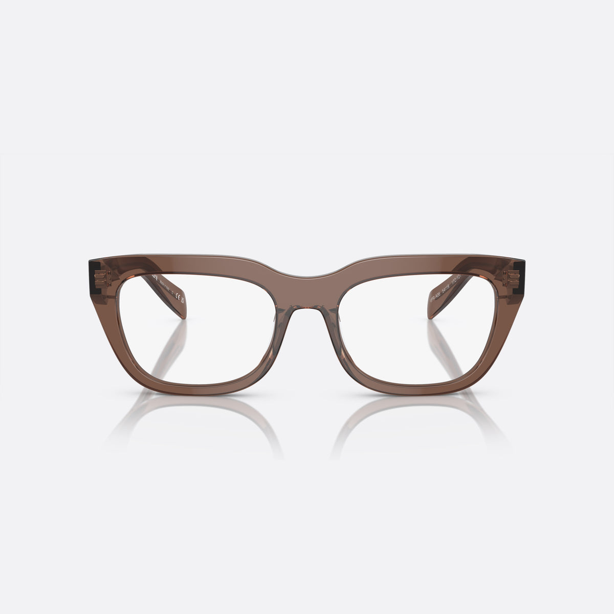 Prada PR A06V 17O-1O1 M eyeglasses, brown irregular frame for women, plain bridge, brand lettering on temples, full-rim front
