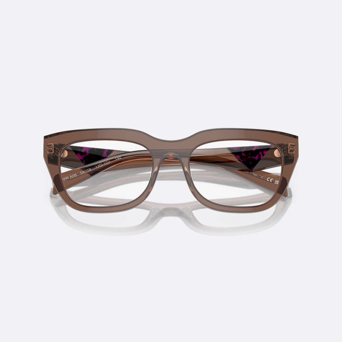 Prada PR A06V 17O-1O1 M eyeglasses, brown irregular frame for women, plain bridge, brand lettering on temples, full-rim front