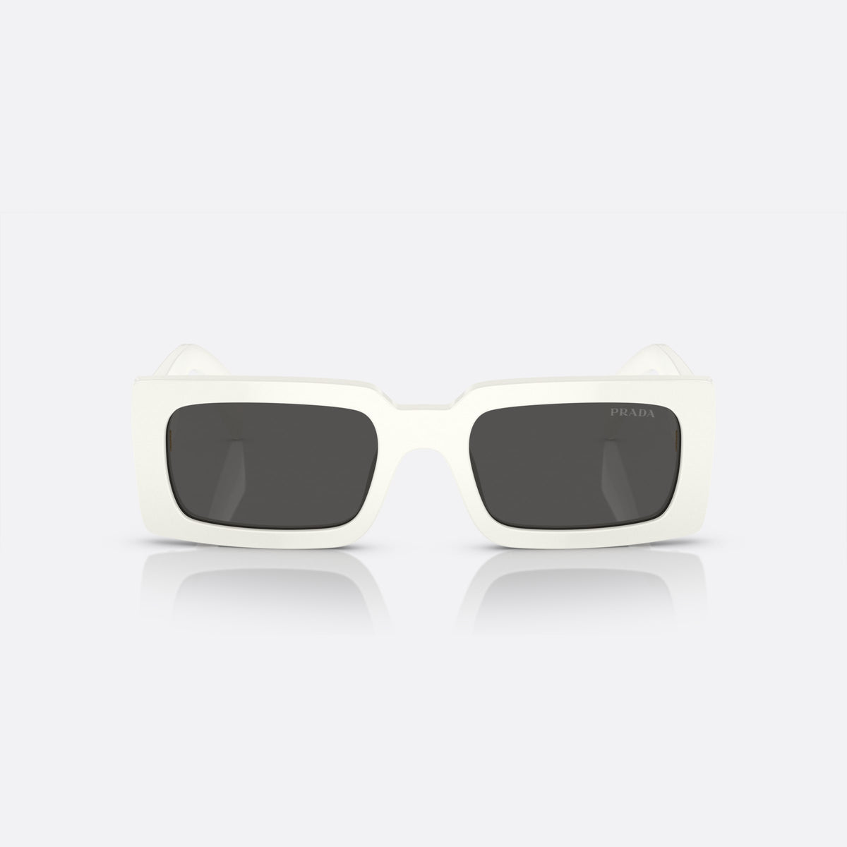 Prada PR A07S 142-5S0 A sunglasses, white pillow frame for women, plain bridge, brand lettering on temples, full-rim frame, front view