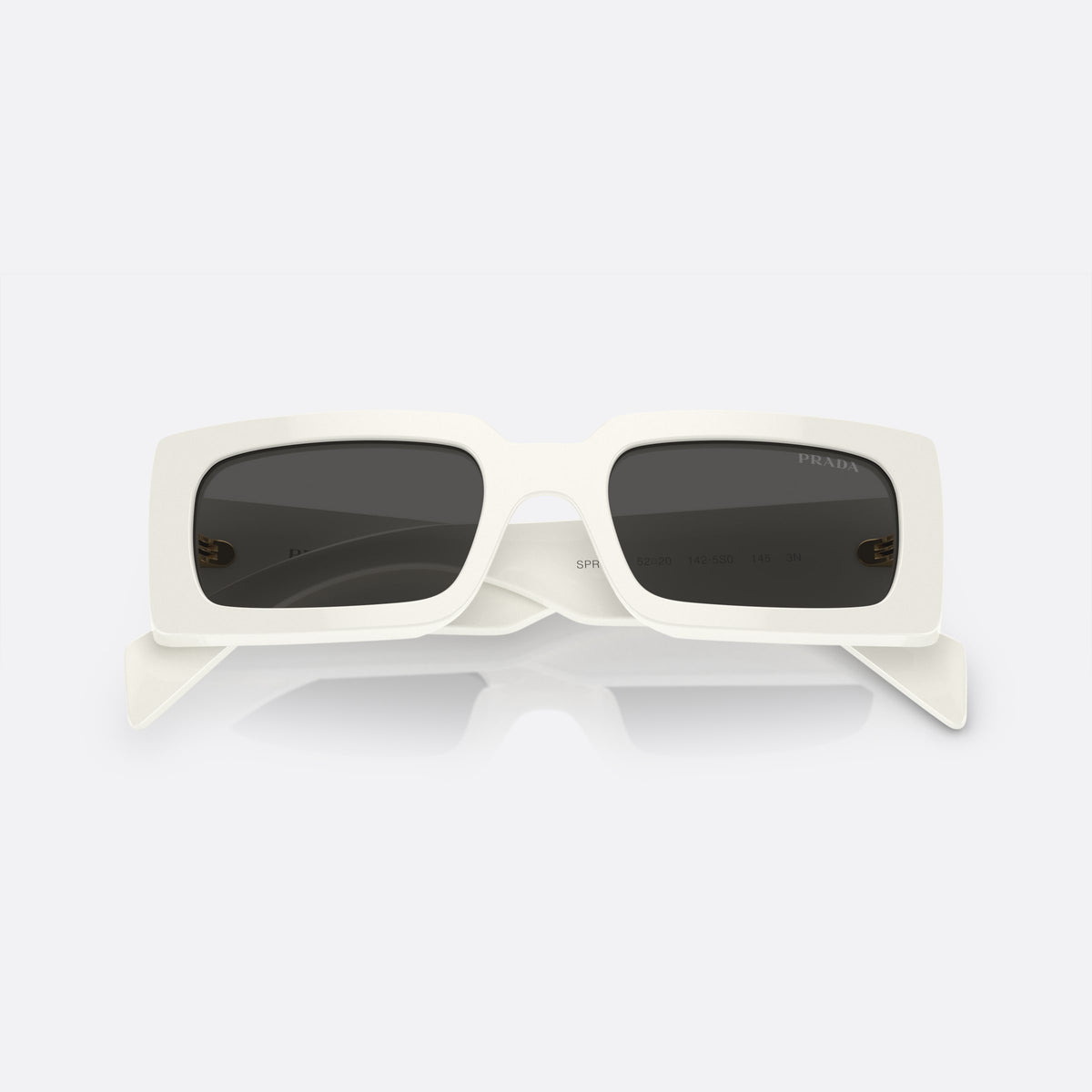Prada PR A07S 142-5S0 A sunglasses, white pillow frame for women, plain bridge, brand lettering on temples, full-rim frame, folded
