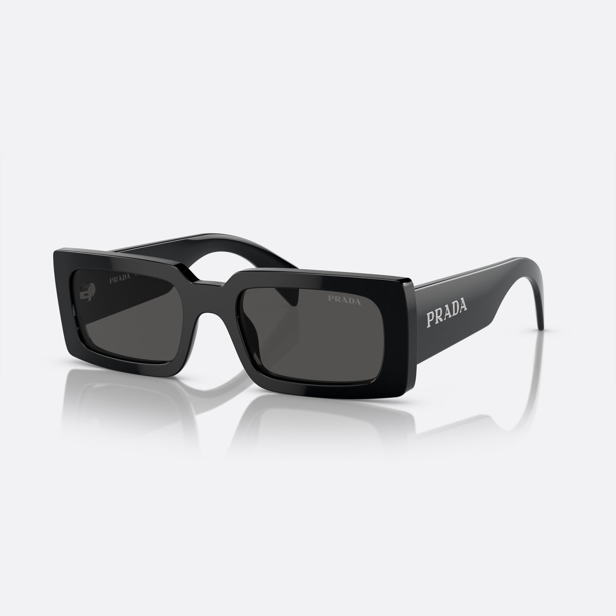Prada PR A07S 1AB-5S0 N sunglasses, black pillow frame for women, plain bridge, brand lettering on temples, full-rim frame