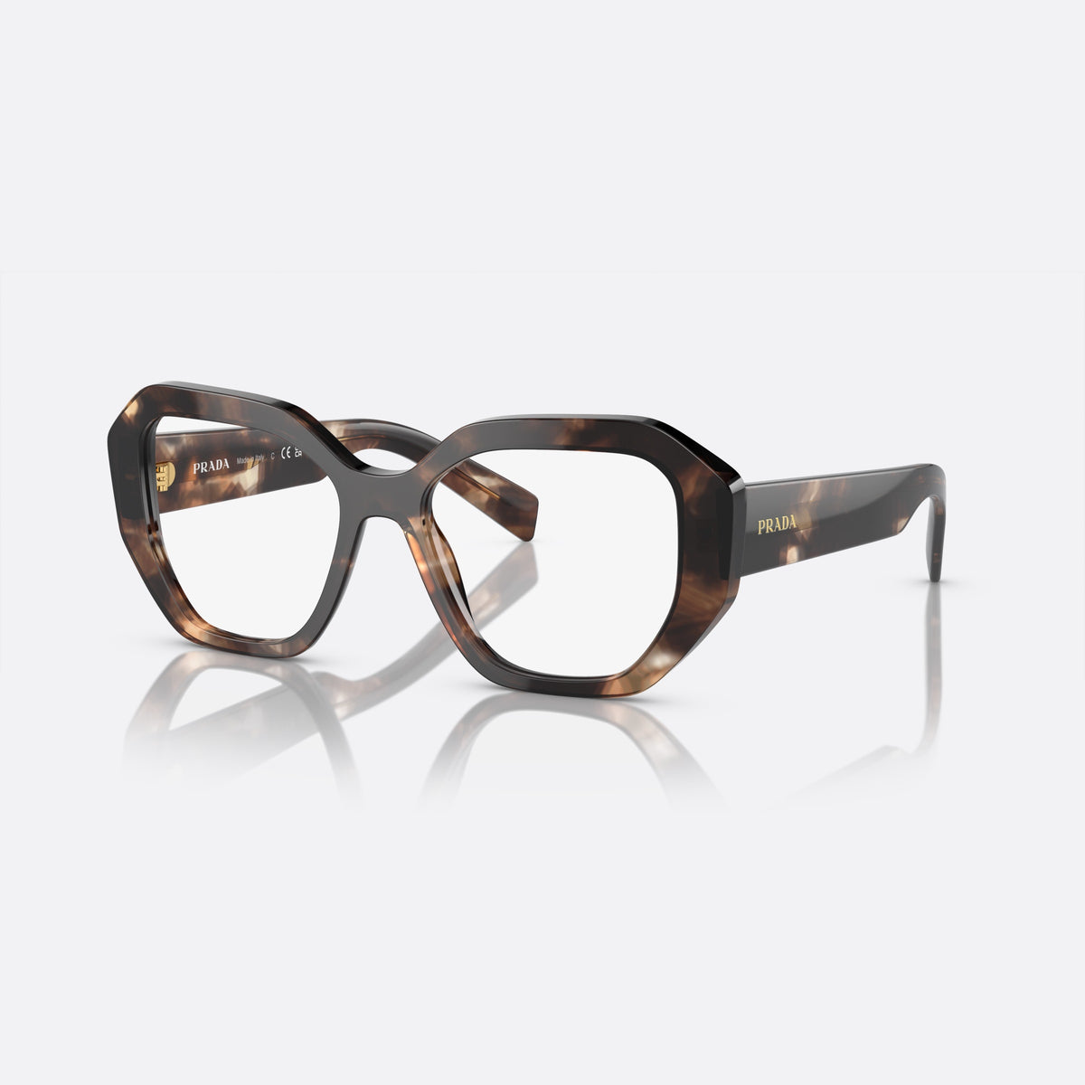 Prada PR A07V 07R-1O1 D eyeglasses, havana geometric frame for women, plain bridge, brand lettering on temples, full-rim frame