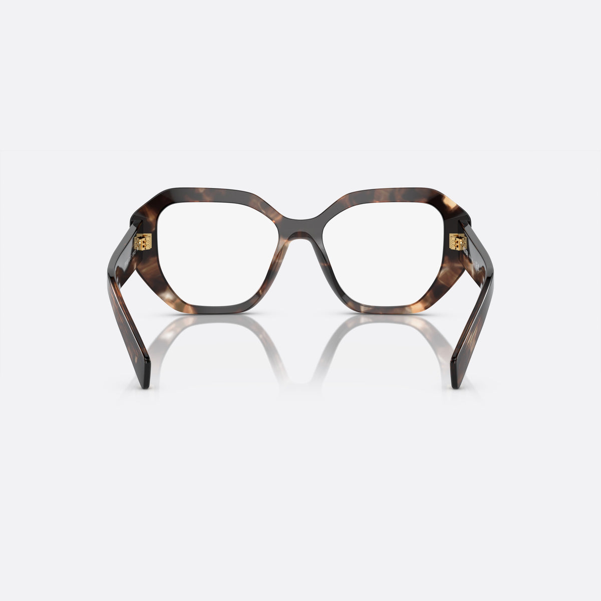 Prada PR A07V 07R-1O1 D eyeglasses, havana geometric frame for women, plain bridge, brand lettering on temples, full-rim frame, back view
