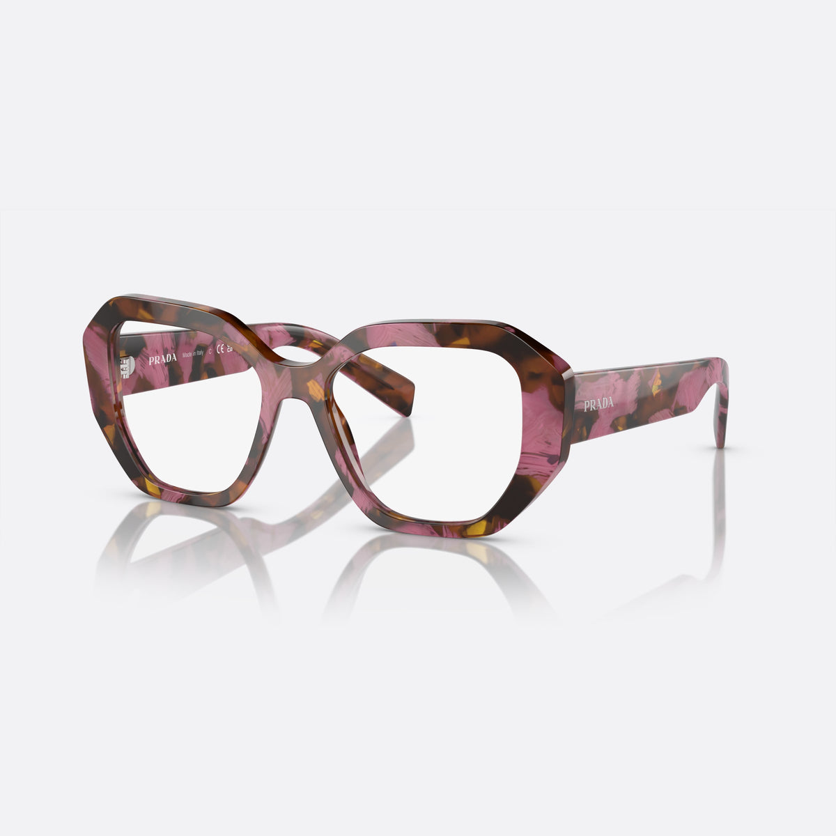 Prada PR A07V 18N-1O1 N eyeglasses, havana geometric frame for women, plain integrated bridge, brand lettering on temples