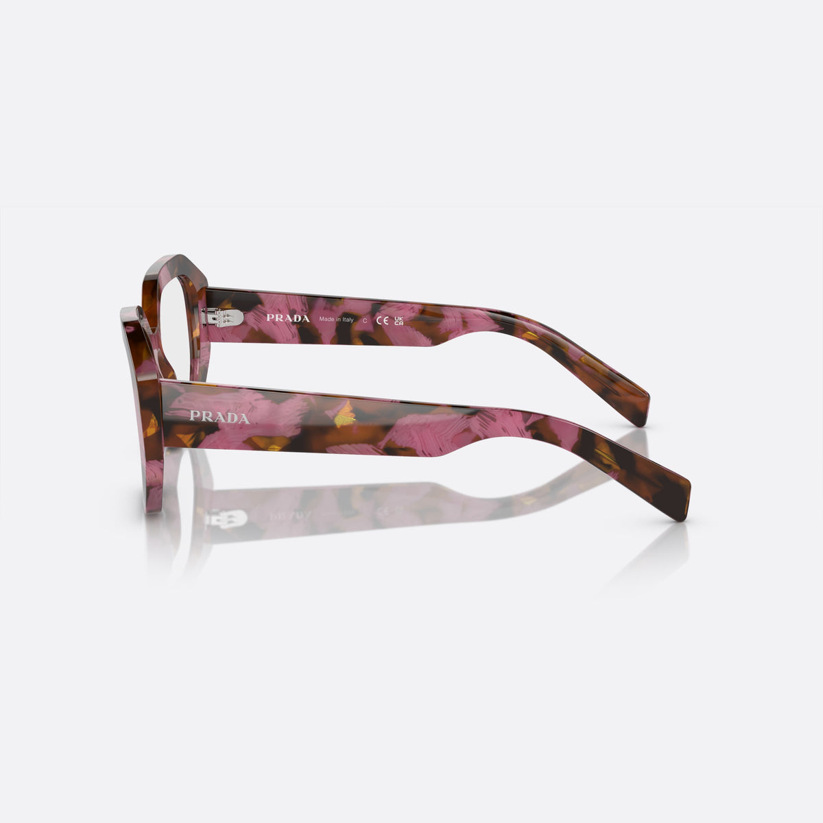 Prada PR A07V 18N-1O1 N eyeglasses, havana geometric frame for women, plain integrated bridge, brand lettering on temples, side view