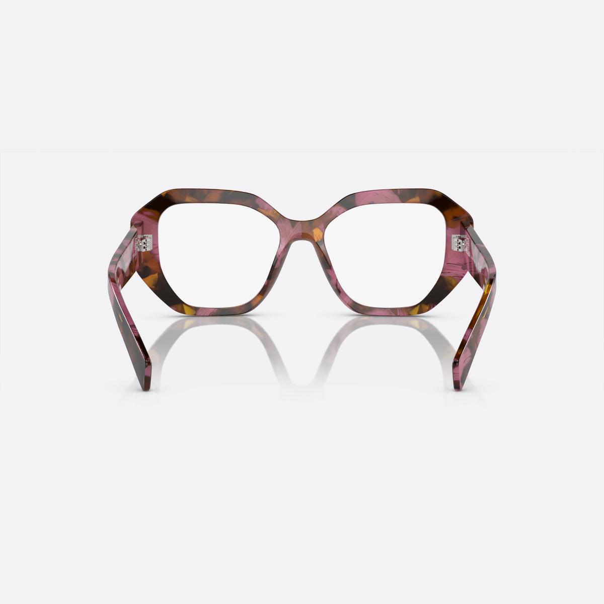 Prada PR A07V 18N-1O1 N eyeglasses, havana geometric frame for women, plain integrated bridge, brand lettering on temples, back view