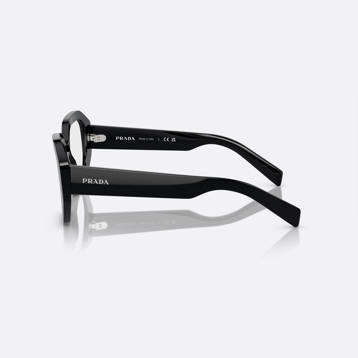 Rame ochelari de vedere Prada PR A07V 1AB-1O1 B, geometrica negru, pentru femei, punte simplă integrată, literele brandului pe brațe, vedere laterală