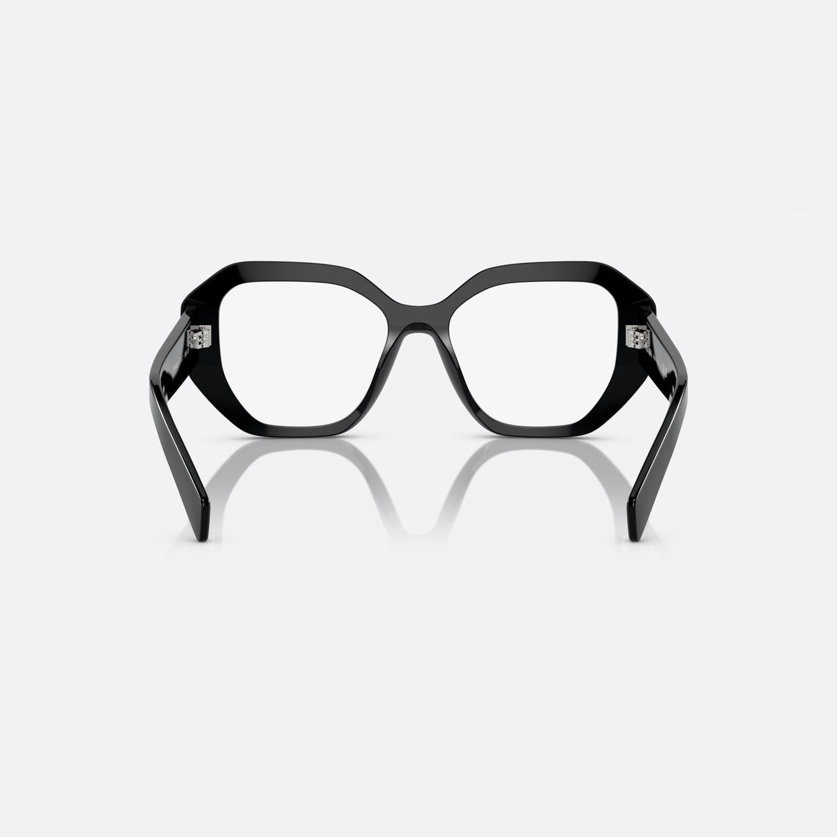 Rame ochelari de vedere Prada PR A07V 1AB-1O1 B, geometrica negru, pentru femei, punte simplă integrată, literele brandului pe brațe, vedere din spate