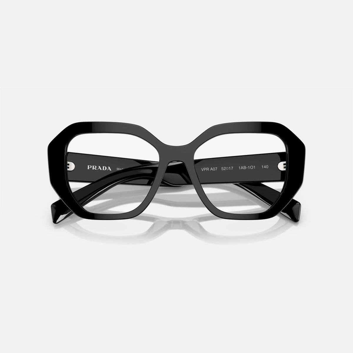 Rame ochelari de vedere Prada PR A07V 1AB-1O1 B, geometrica negru, pentru femei, punte simplă integrată, literele brandului pe brațe, cu brațele pliate