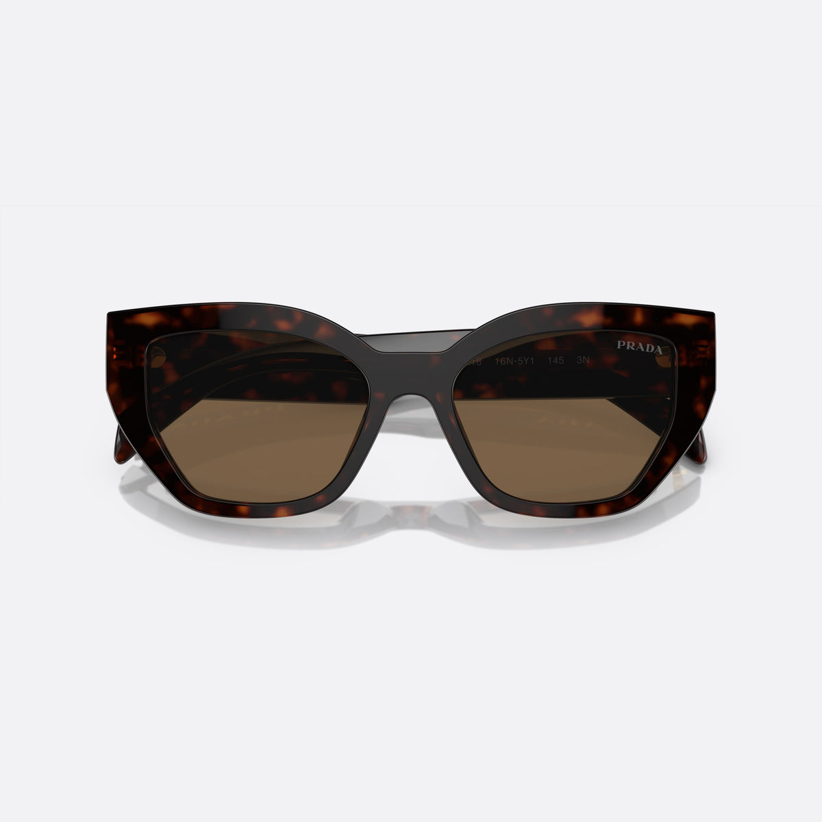 Prada PR A09S 16N-5Y1 G sunglasses, brown butterfly frame for women, plain double bridge, brand lettering on the temples, folded