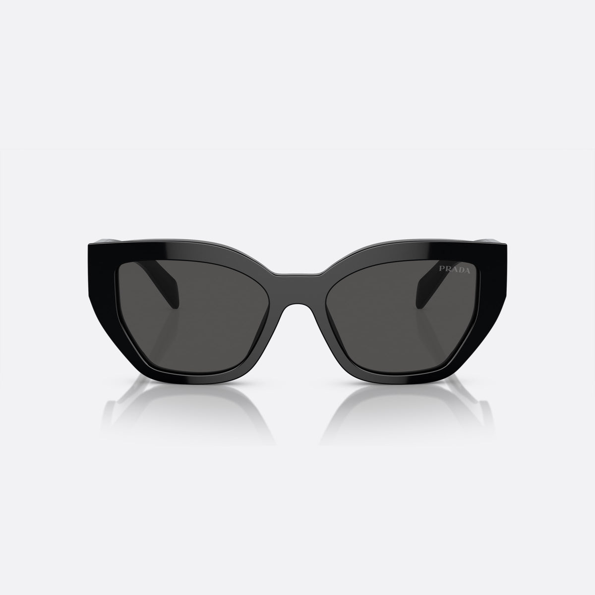 Prada PR A09S 1AB-5S0 N sunglasses, black butterfly frame for women, plain bridge, brand lettering on temples, wide temples, front view