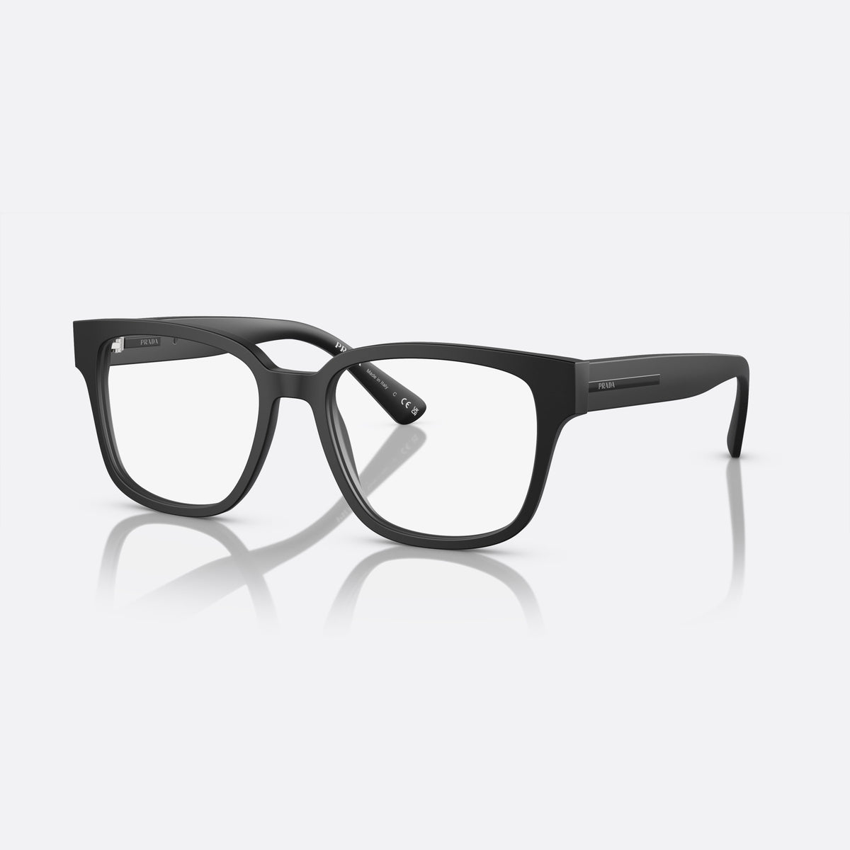Prada PR A09V 12P-1O1 V eyeglasses, black squared frame for men, plain bridge, brand logo on temple, full-rim frame