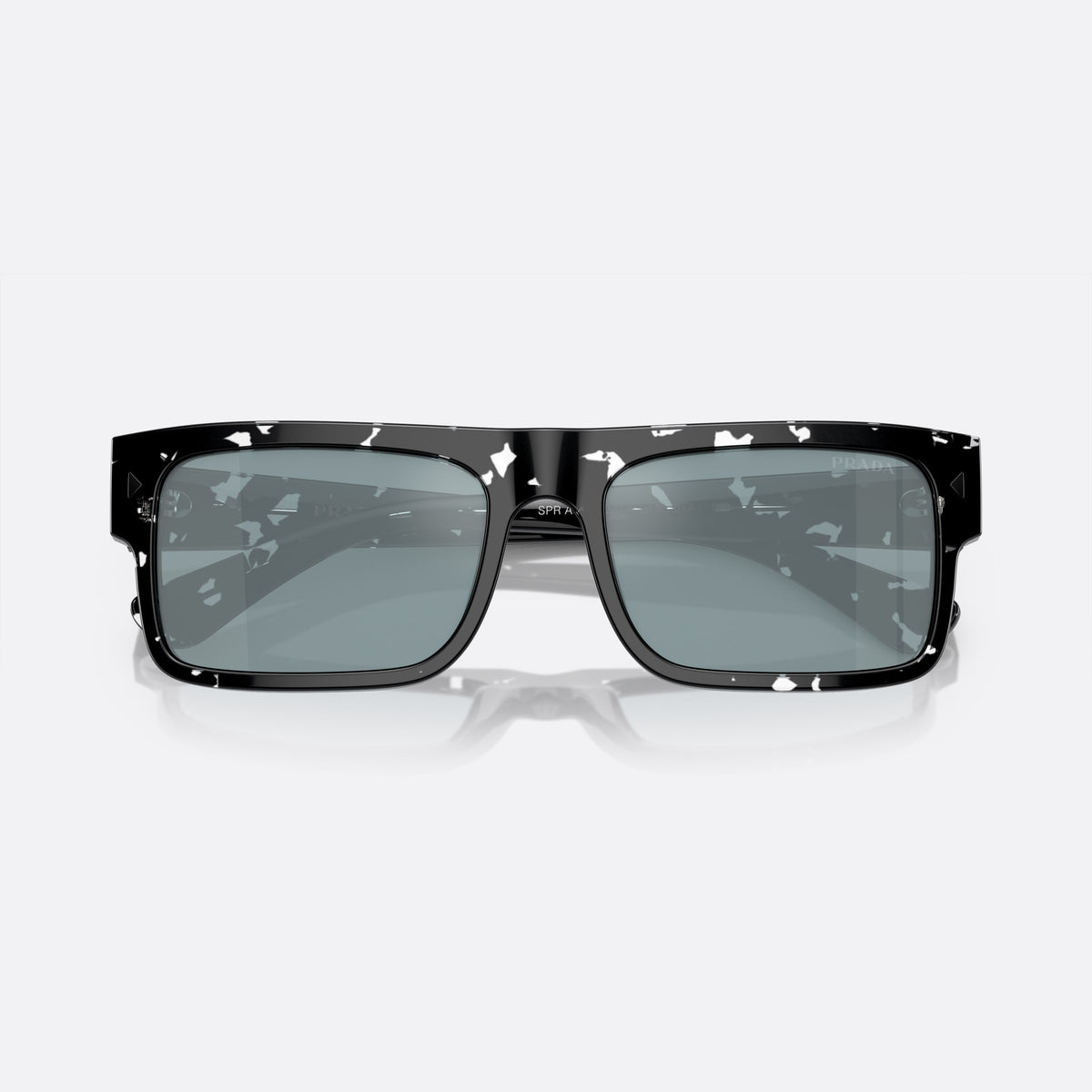 Prada PR A10S 59 sunglasses, brown rectangle frame for men, plain double-bar bridge, brand lettering on temples, folded