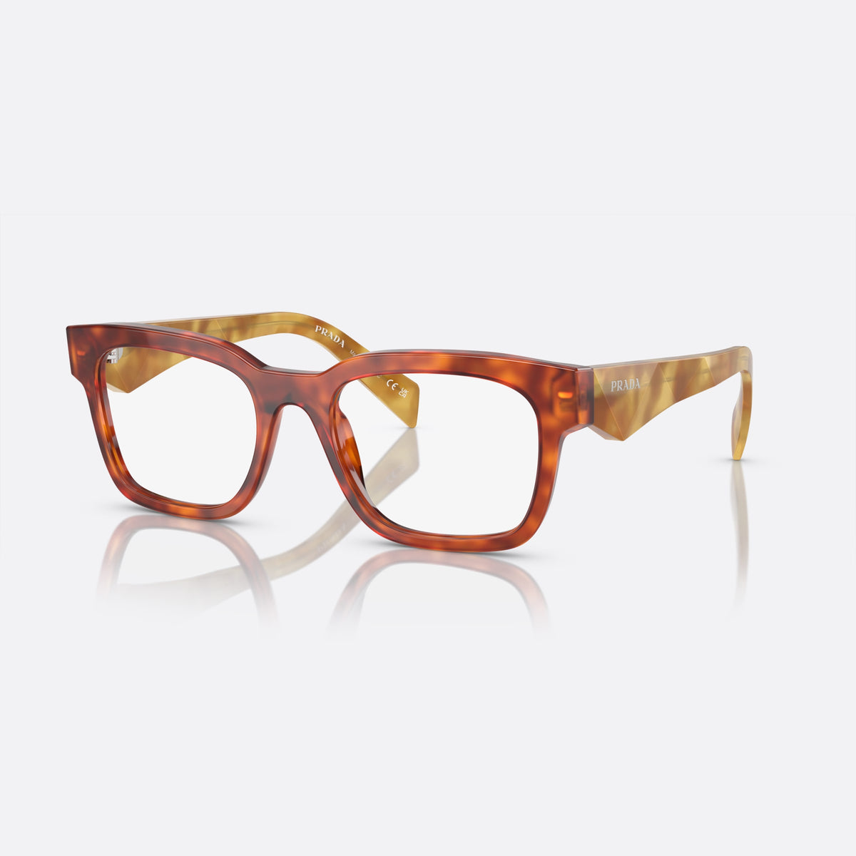 Prada PR A10V 11P-1O1 S eyeglasses, havana squared frame for men, plain saddle bridge, brand lettering on temples
