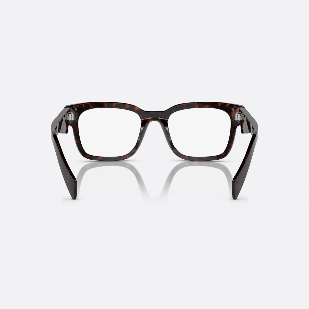 Prada PR A10V 17N-1O1 M eyeglasses, havana squared frame for men, plain double-arched bridge, brand lettering on temples, back view