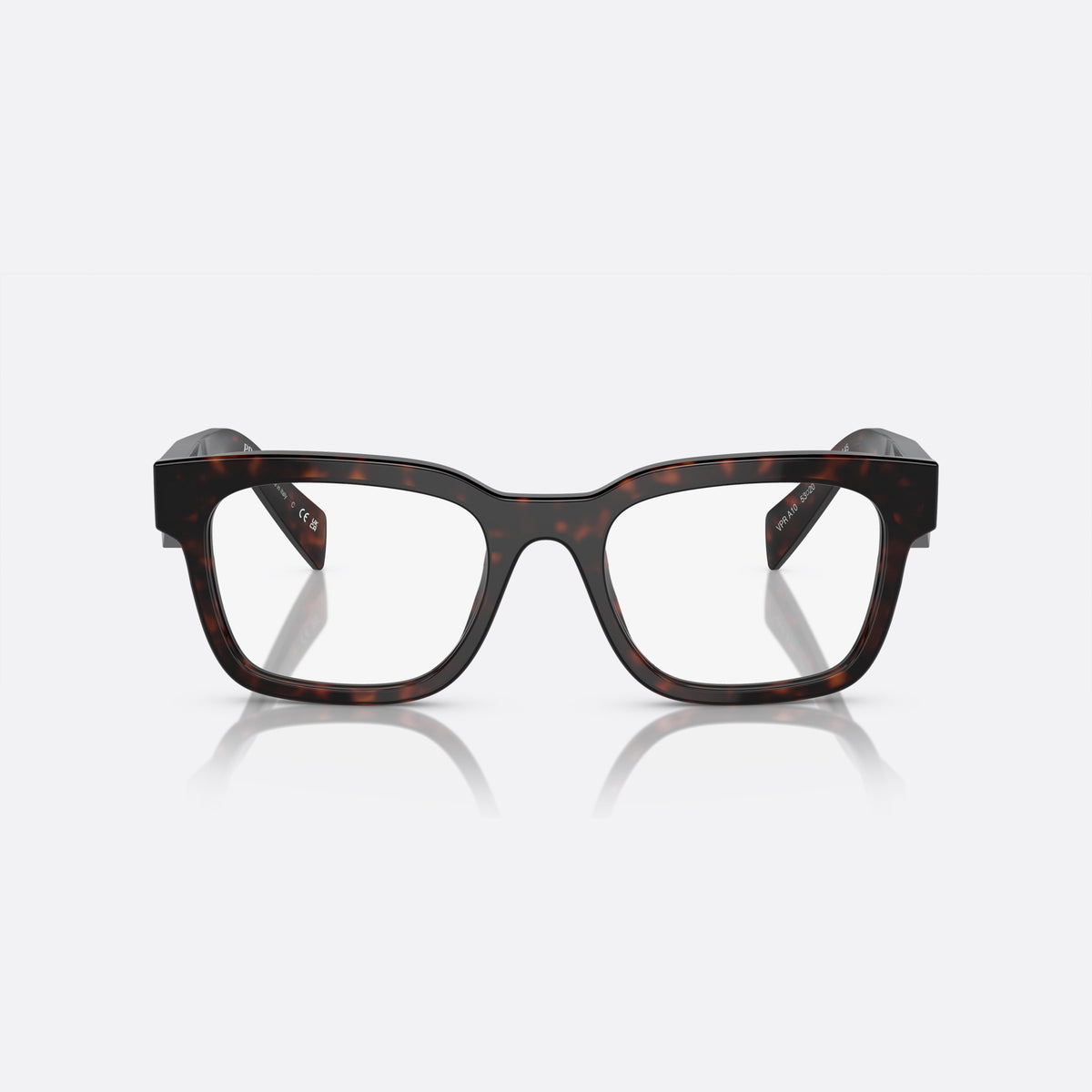 Prada PR A10V 17N-1O1 M eyeglasses, havana squared frame for men, plain acetate bridge, brand lettering on temples, front view