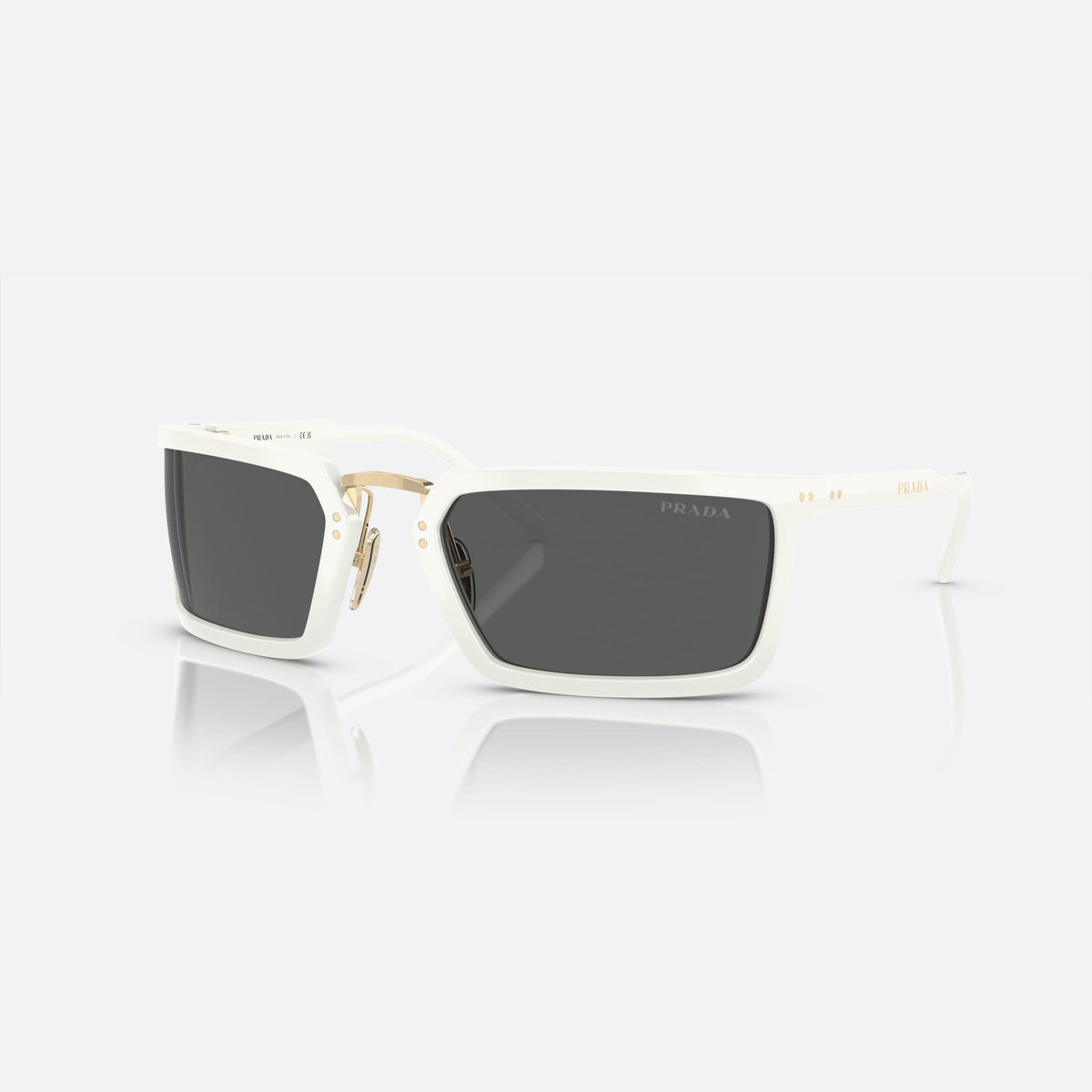 Prada PR A11S 461-5S0 sunglasses, white irregular frame, unisex, brand lettering on temples, flat temples with rivets