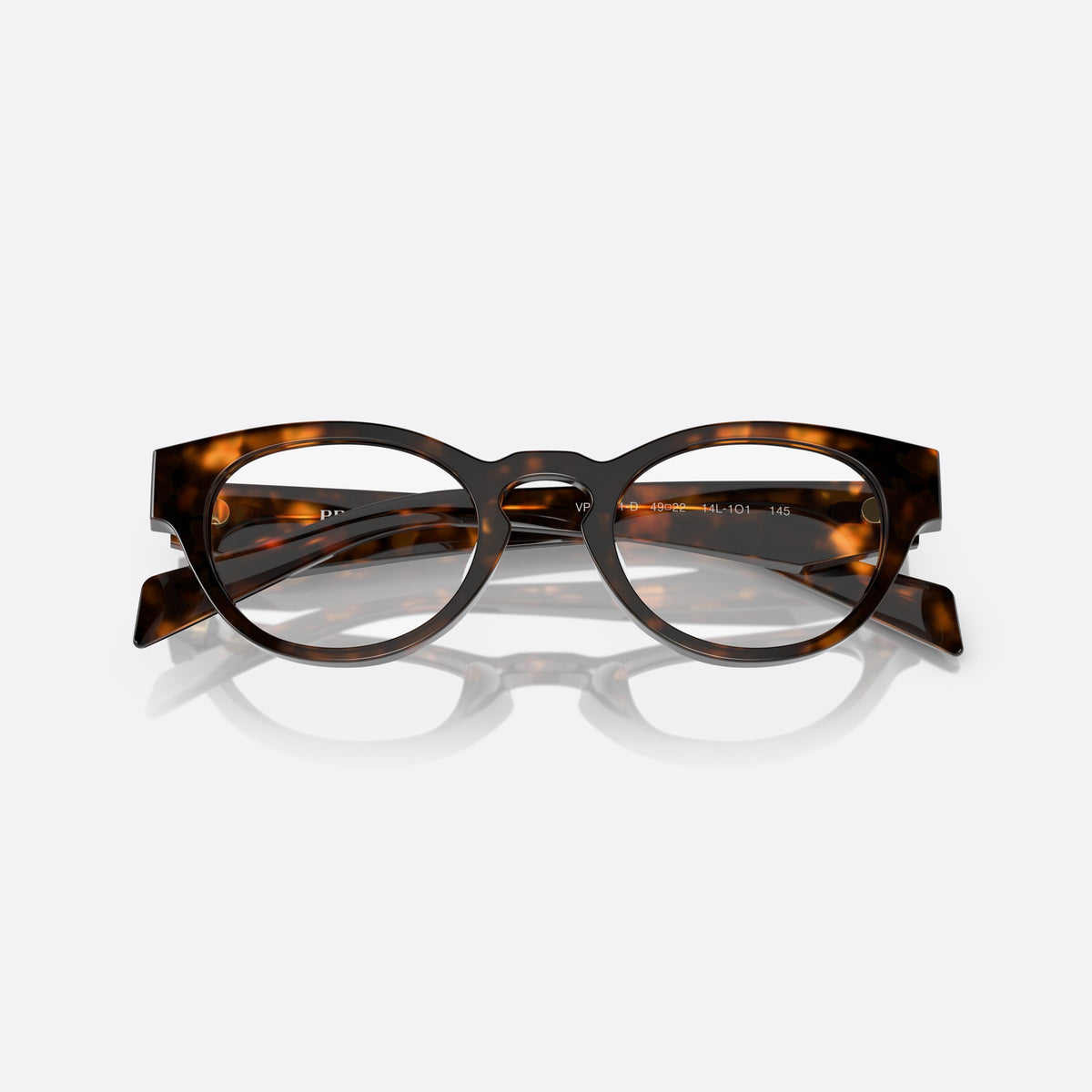 Rame ochelari de vedere Prada PR A11VD 14L1O1, rotunzi havana, pentru femei, punte keyhole, literele brandului pe brațe, cu brațele pliate