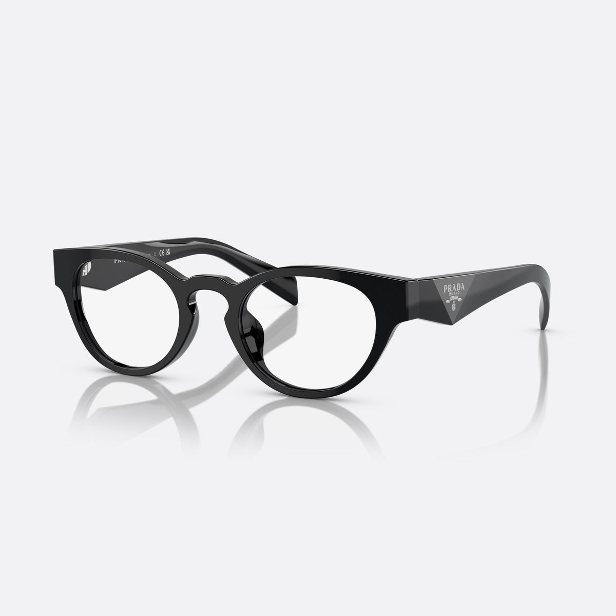 Prada PR A11VD 16K1O1 eyeglasses, black round frame for women, keyhole bridge, brand logo on temples, full-rim frame