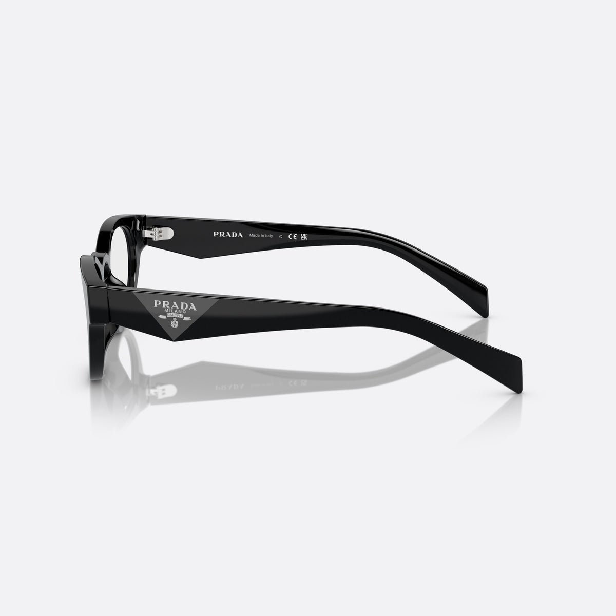 Prada PR A11VD 16K1O1 eyeglasses, black round frame for women, keyhole bridge, brand logo on temples, full-rim frame, side view