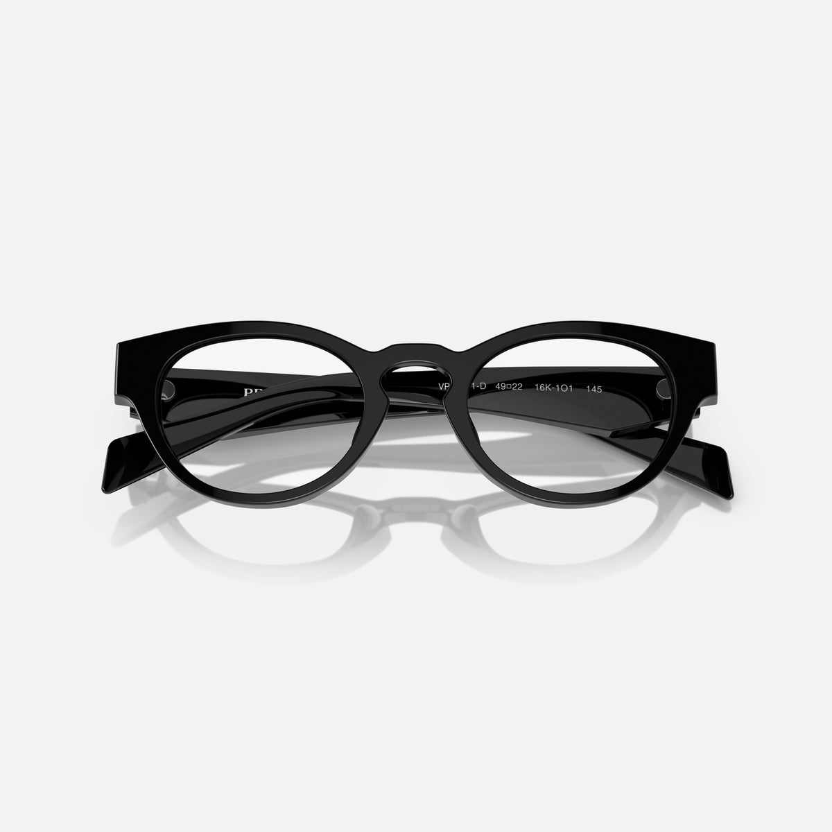Prada PR A11VD 16K1O1 eyeglasses, black round frame for women, keyhole bridge, brand logo on temples, full-rim frame, folded