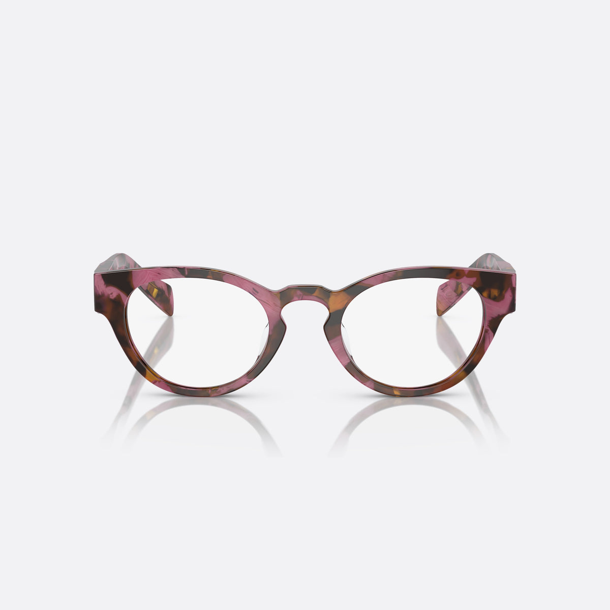 Rame ochelari de vedere Prada PR A11VD 18N1O1, rotunzi roz, pentru femei, punte keyhole, literele brandului pe brațe, ramă completă, vedere din față