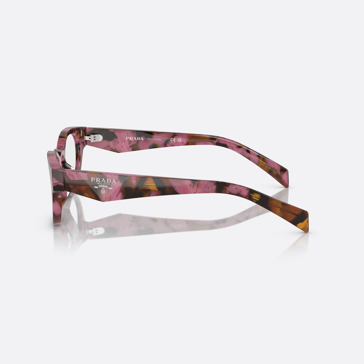 Rame ochelari de vedere Prada PR A11VD 18N1O1, rotunzi roz, pentru femei, punte keyhole, literele brandului pe brațe, ramă completă, vedere laterală