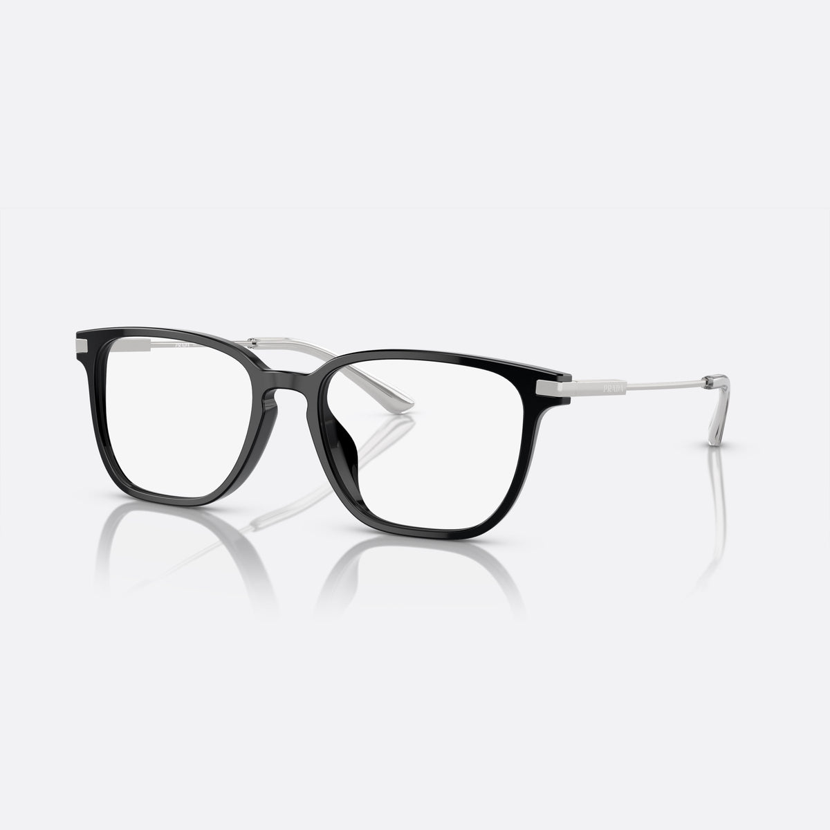 Prada PR A12VD 1AB1O1 eyeglasses, black pillow frame for men, brand lettering on temples, full-rim acetate frame
