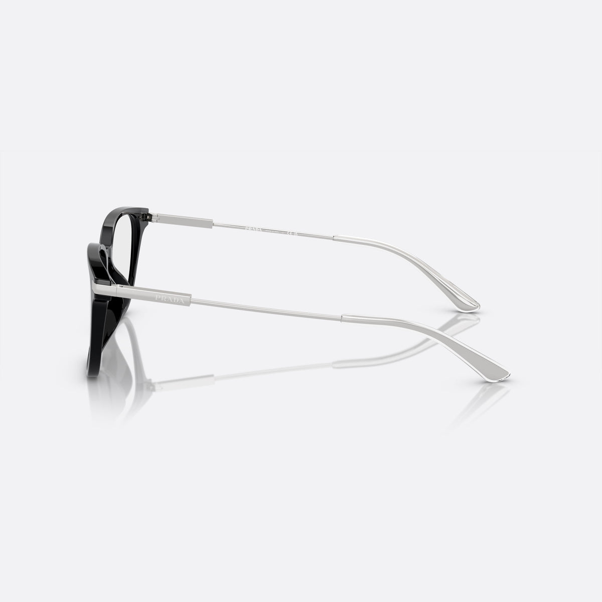Prada PR A12VD 1AB1O1 eyeglasses, black pillow frame for men, brand lettering on temples, full-rim acetate frame, side view