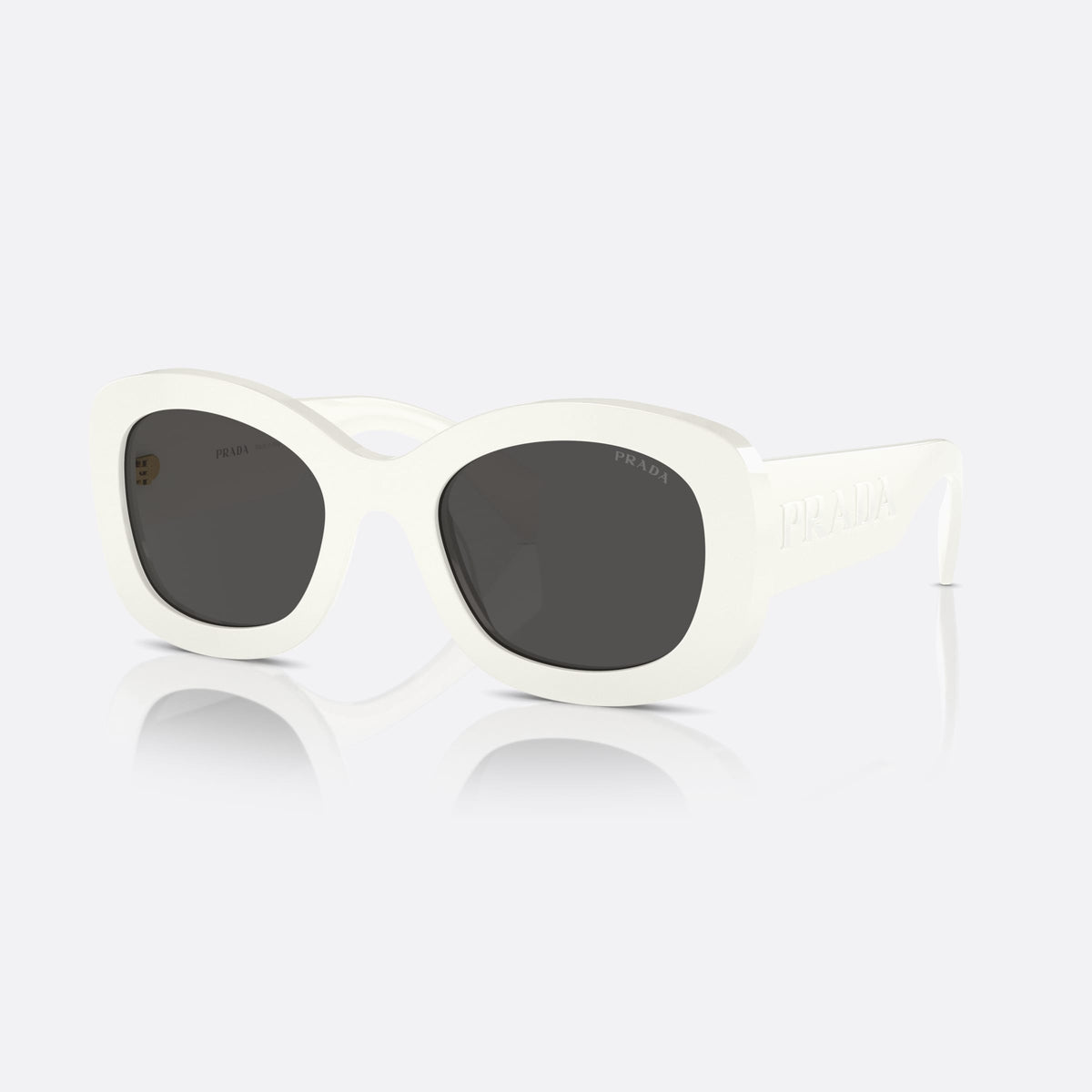 Prada PR A13S 1425S0 sunglasses, white oval frame for women, plain bridge, brand lettering on temples, wide temples