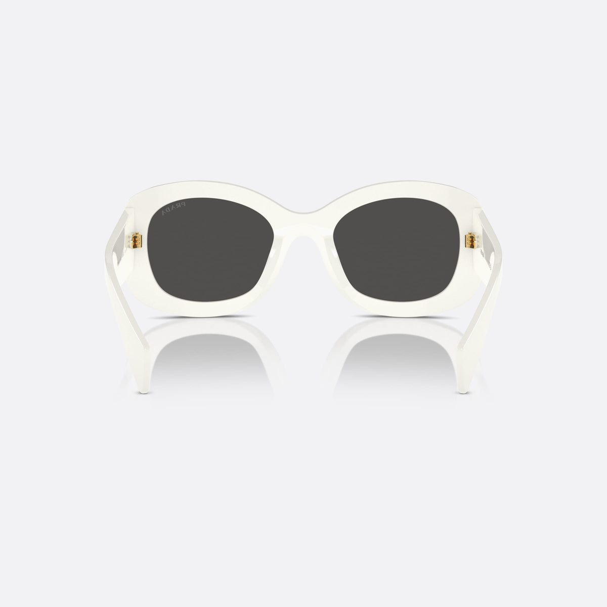 Prada PR A13S 1425S0 sunglasses, white oval frame for women, plain bridge, brand lettering on temples, wide temples, back view