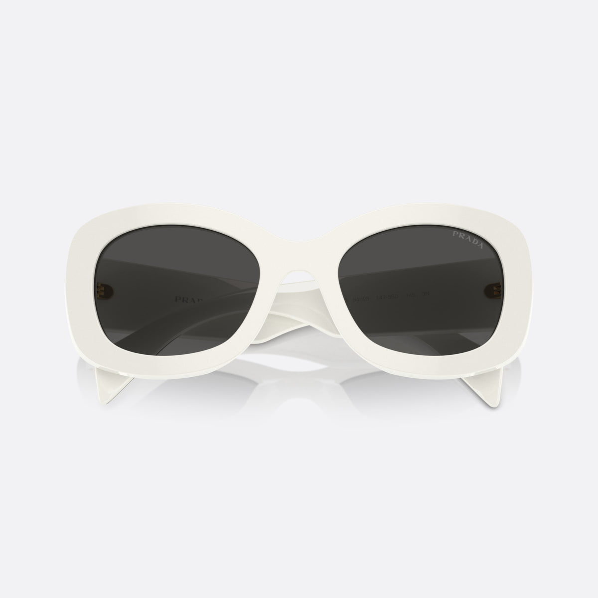 Prada PR A13S 1425S0 sunglasses, white oval frame for women, plain bridge, brand lettering on temples, wide temples, folded