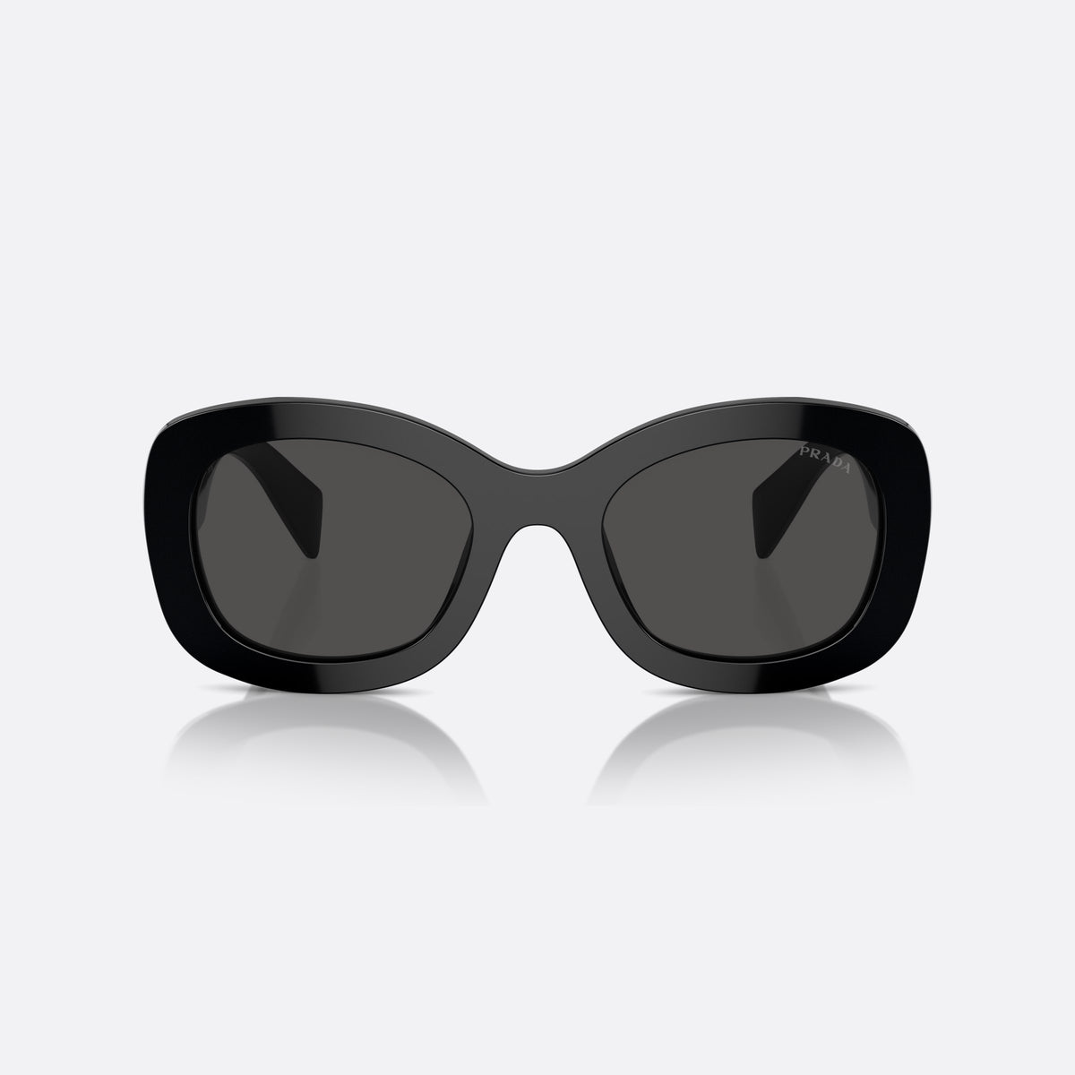 Prada PR A13S 1AB-5S0 B sunglasses, black oval frame for women, plain saddle style bridge, raised brand lettering on temples, front view