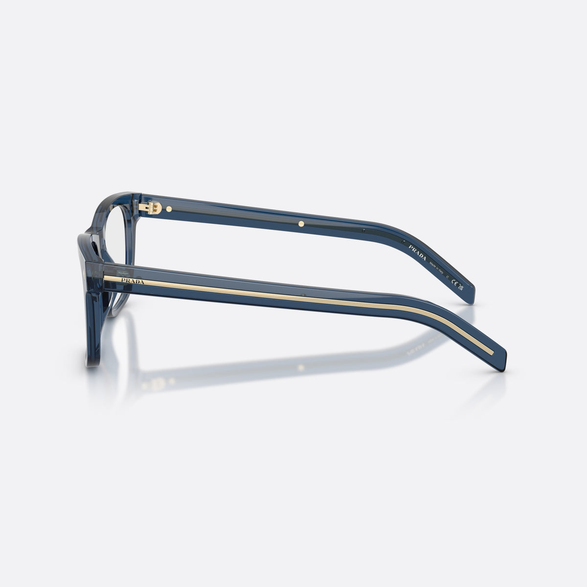 Prada PR A13V 08Q1O1 eyeglasses, grey pillow frame for men, plain bridge, brand lettering on temples, full-rim frame, side view