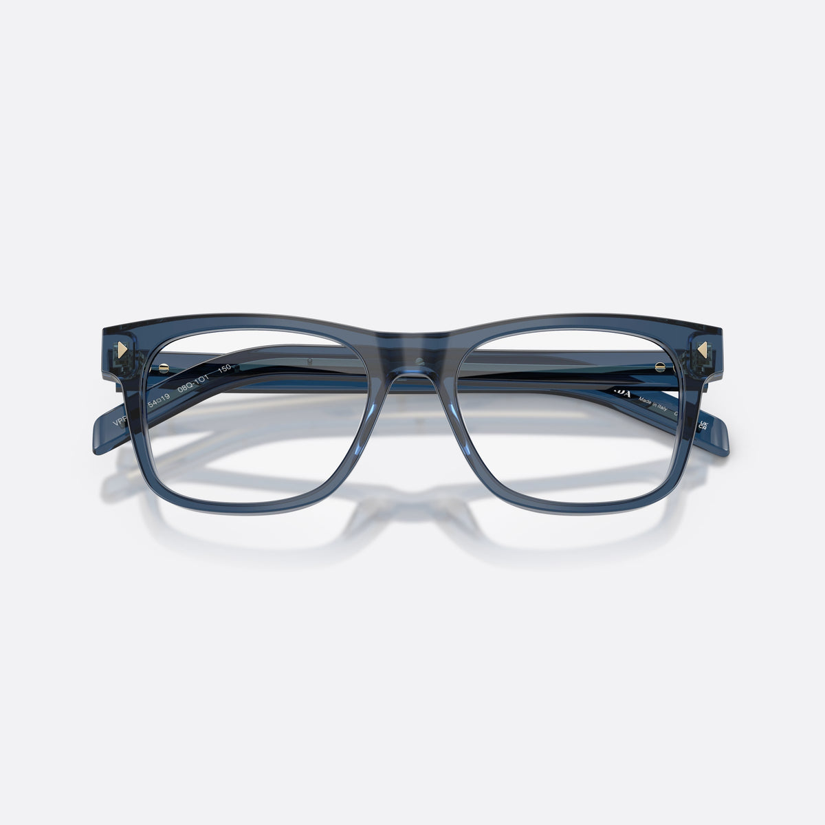 Prada PR A13V 08Q1O1 eyeglasses, grey pillow frame for men, plain bridge, brand lettering on temples, full-rim frame, folded