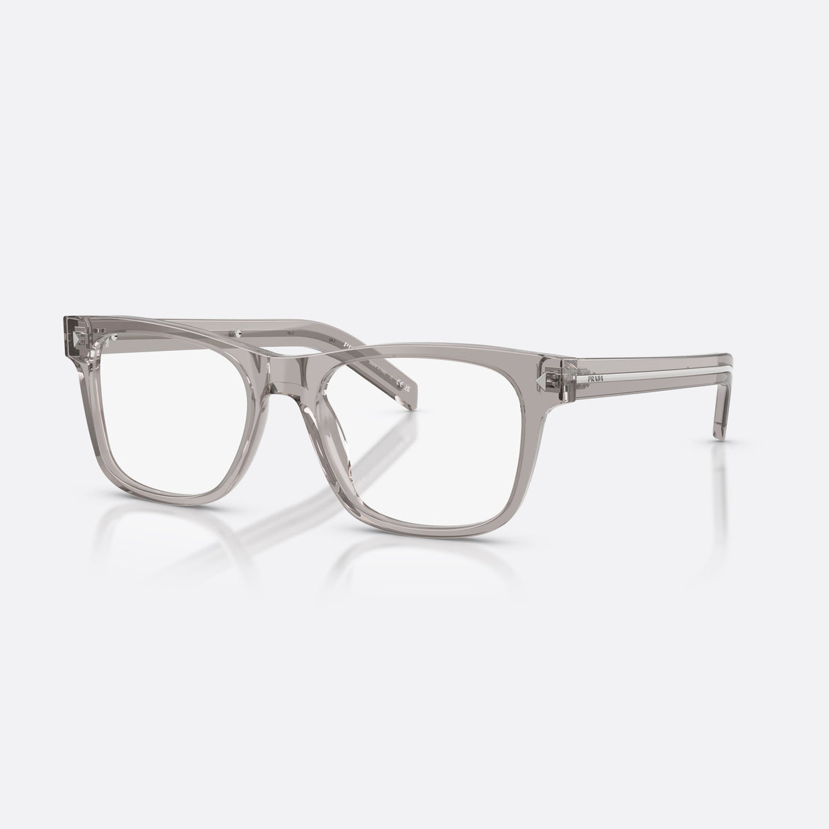 Prada PR A13V 10J1O1 eyeglasses, grey pillow frame for men, plain bridge, brand lettering on temples