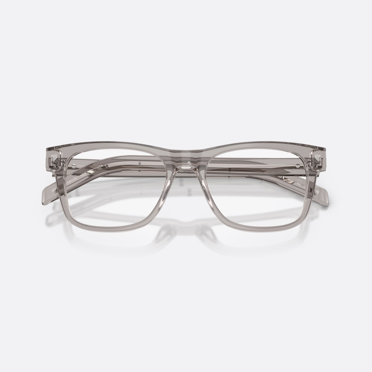 Prada PR A13V 10J1O1 eyeglasses, grey pillow frame for men, keyhole bridge, brand lettering on temples, folded