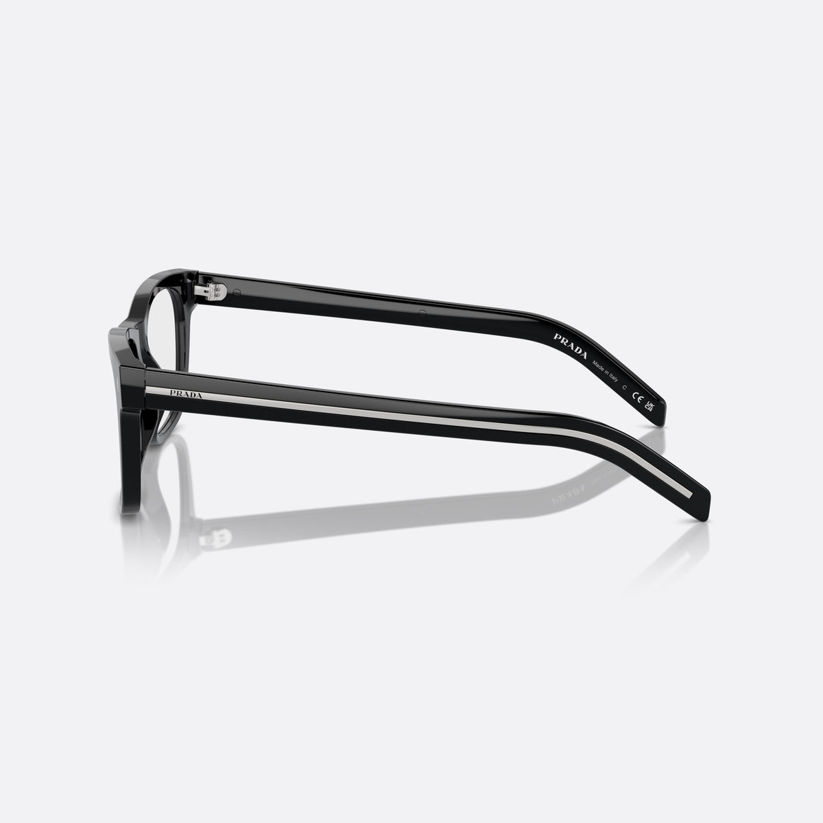 Prada PR A13V 16K1O1 eyeglasses, black rectangle frame for men, plain bridge, brand lettering on the temples, full-rim frame