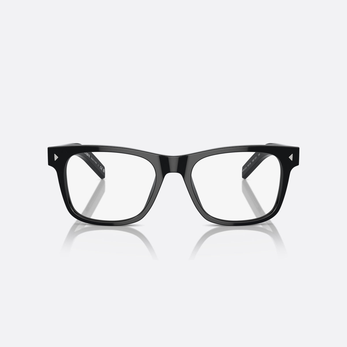 Prada PR A13V 16K1O1 eyeglasses, black rectangle frame for men, plain bridge, brand lettering on the temples, full-rim frame