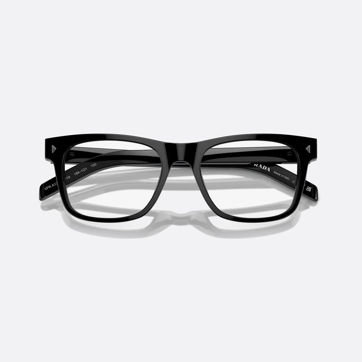 Prada PR A13V 16K1O1 eyeglasses, black rectangle frame for men, plain bridge, brand lettering on the temples, full-rim frame
