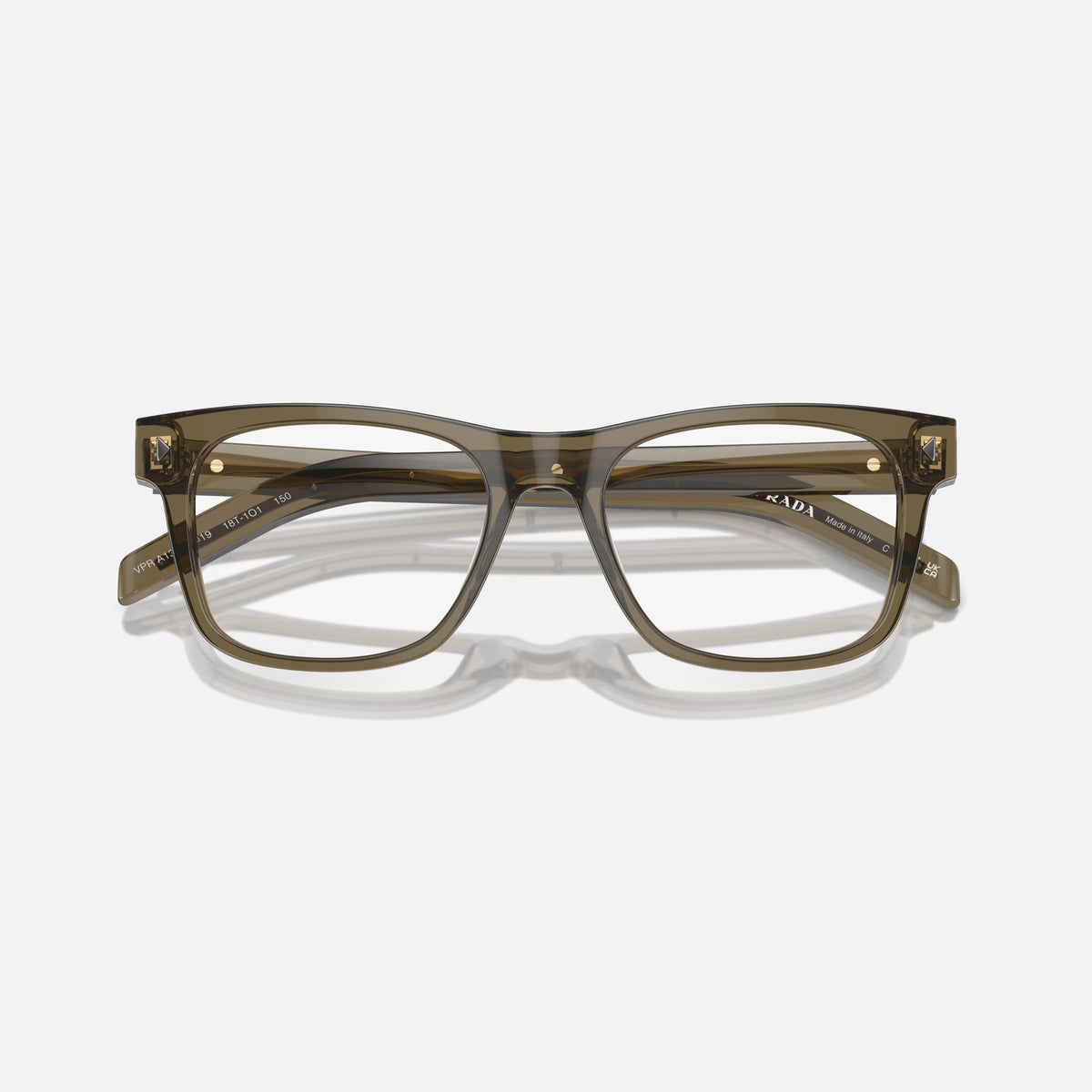 Prada PR A13V 18T1O1 eyeglasses, green squared frame for men, plain bridge, integrated into front, full-rim front, folded