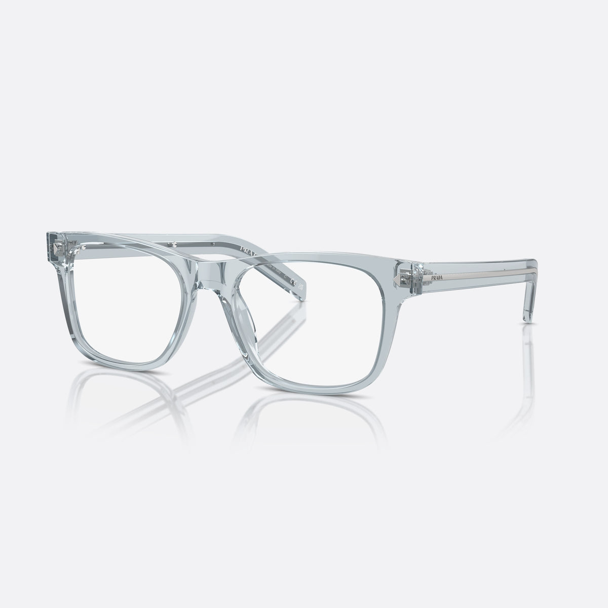 Prada PR A13V 19T1O1 eyeglasses, blue squared frame for men, plain integrated bridge, brand lettering on temples