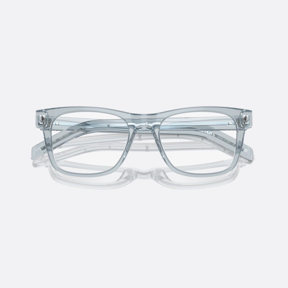 Prada PR A13V 19T1O1 eyeglasses, blue squared frame for men, plain integrated bridge, brand lettering on temples, folded