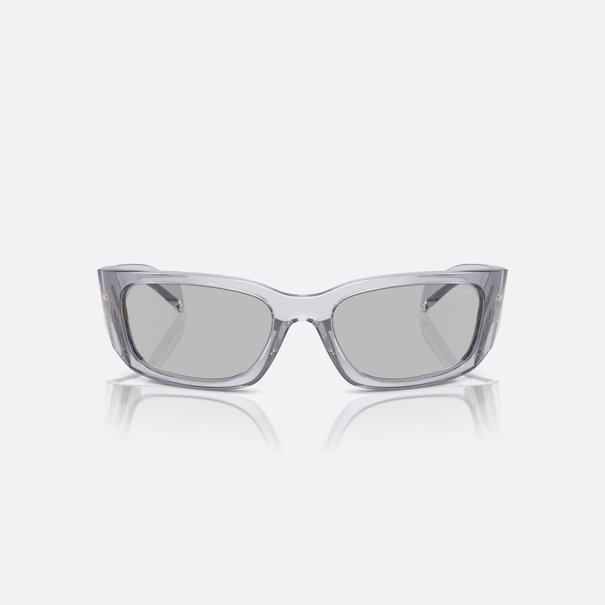 Prada PR A14S 60 sunglasses, grey butterfly frame, unisex, plain bridge, brand logo on temples, front view