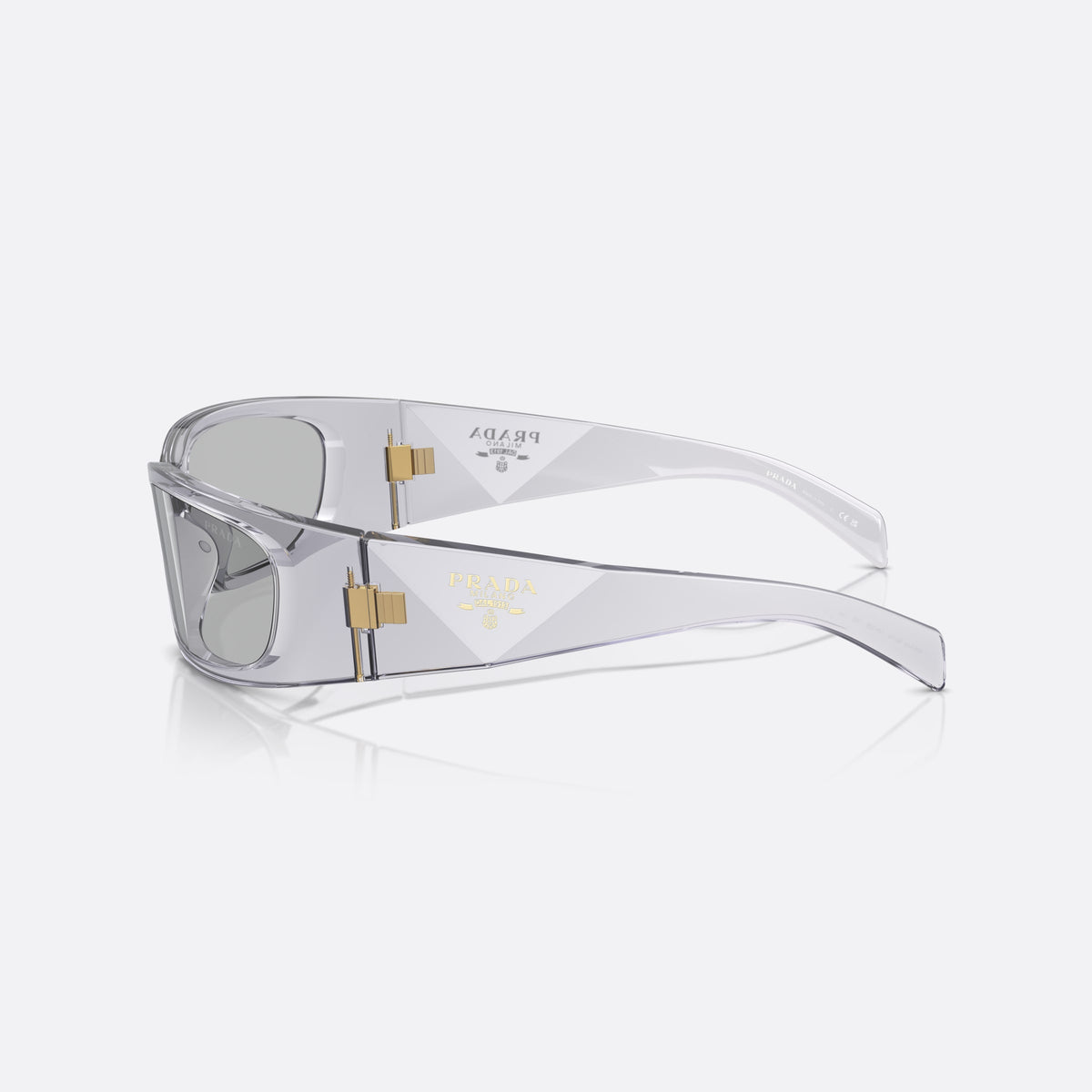 Prada PR A14S 60 sunglasses, grey butterfly frame, unisex, plain bridge, brand logo on temples, side view