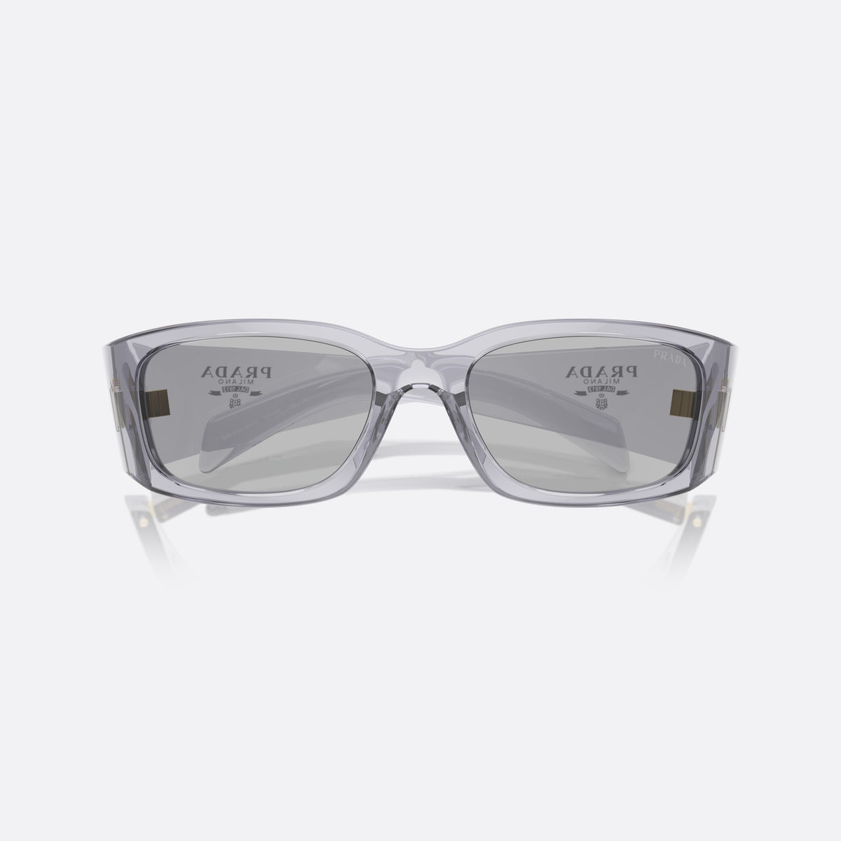 Prada PR A14S 60 sunglasses, grey butterfly frame, unisex, plain bridge, brand logo on temples, folded
