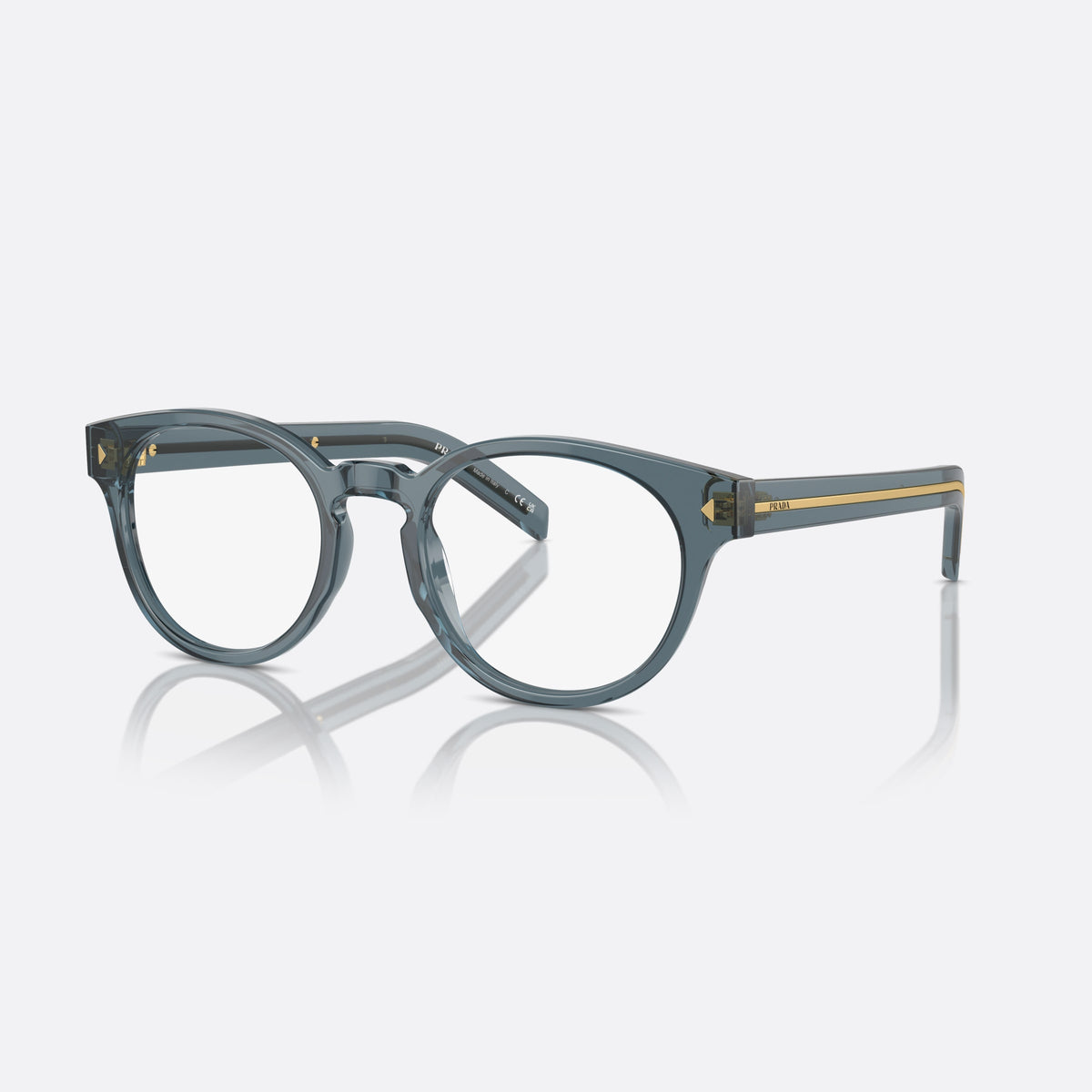Prada PR A14V 17T1/O1 eyeglasses, blue round frame for men, brand lettering on temples, full-rim acetate frame
