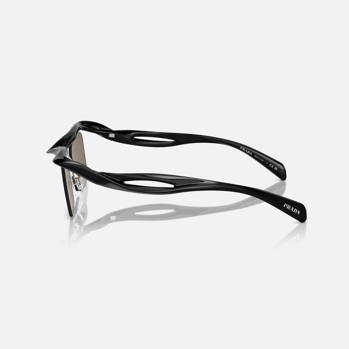 Prada PR A15S 1AB8C1 sunglasses, black rectangle frame for men, double bridge with wavy profile, brand lettering on temples, side view