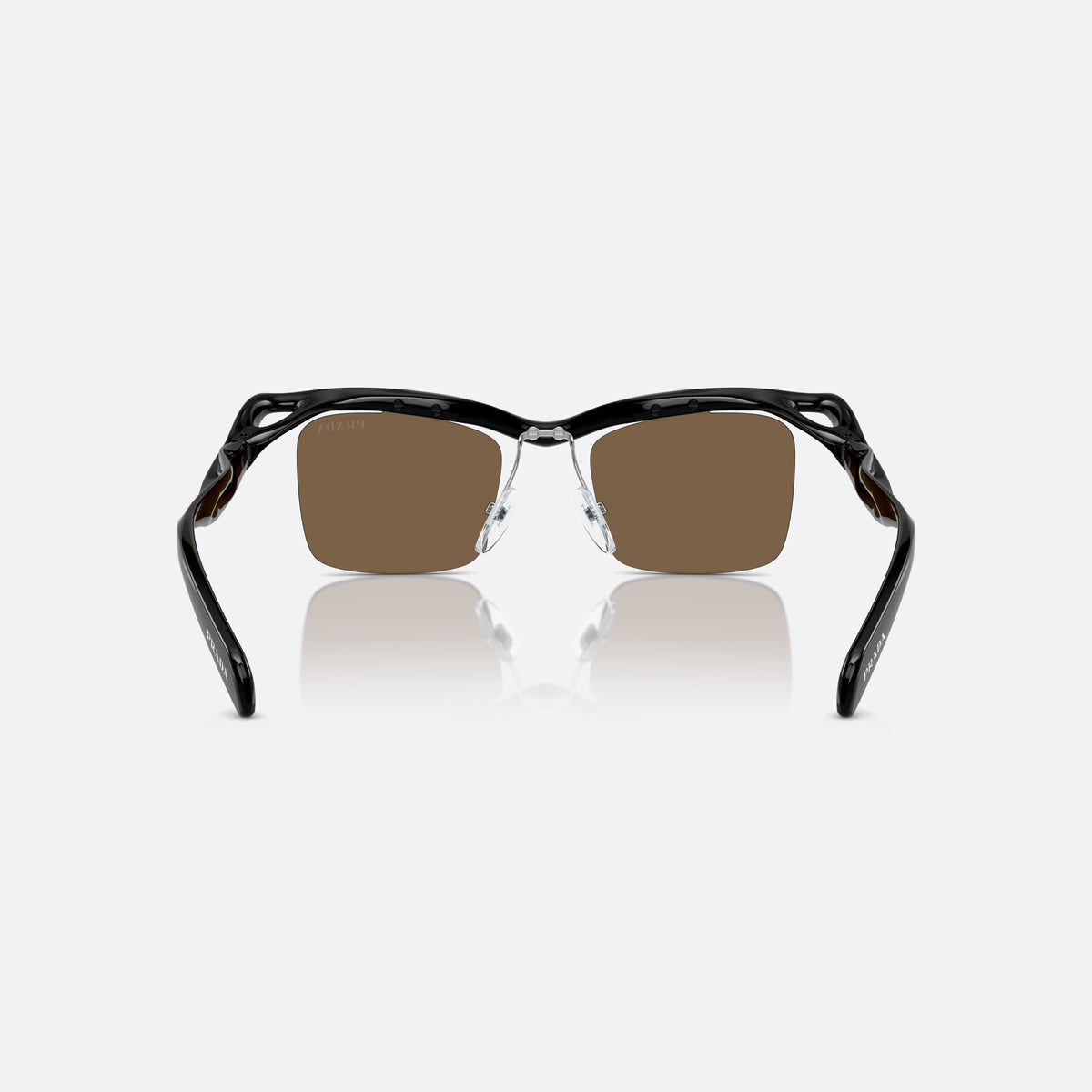 Prada PR A15S 1AB8C1 sunglasses, black rectangle frame for men, double bridge with wavy profile, brand lettering on temples, back view