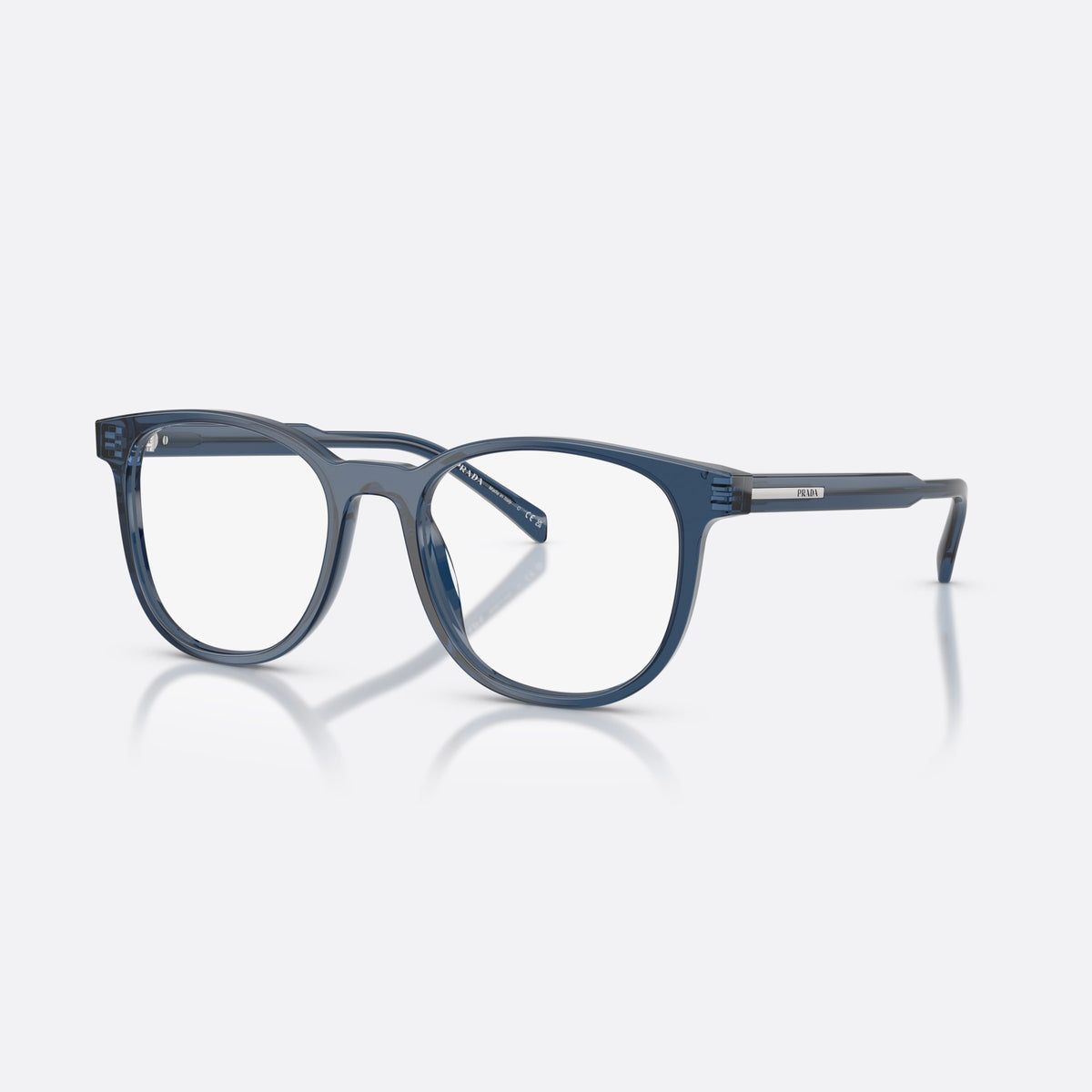 Prada PR A15V 08Q1O1 eyeglasses, blue phantos frame for men, plain integrated bridge, brand lettering on temples